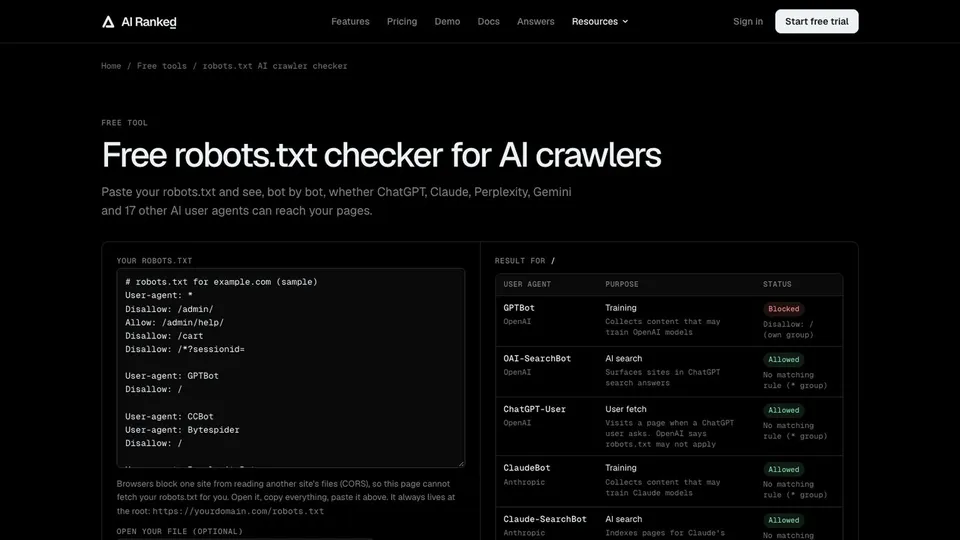 AI Ranked robots.txt AI checker showing allowed and blocked AI crawlers