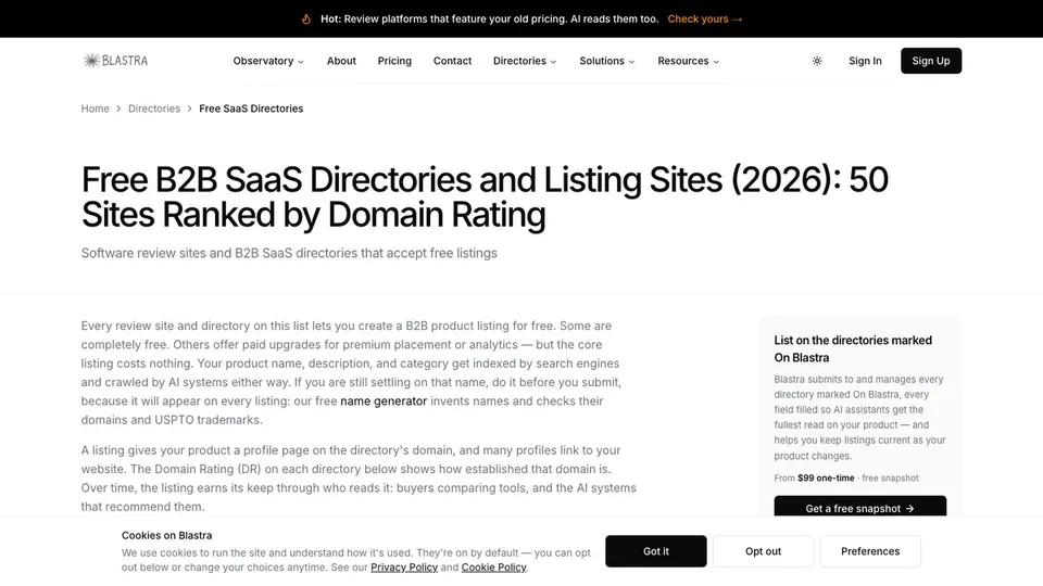 Blastra list of free B2B SaaS directories ranked by Domain Rating